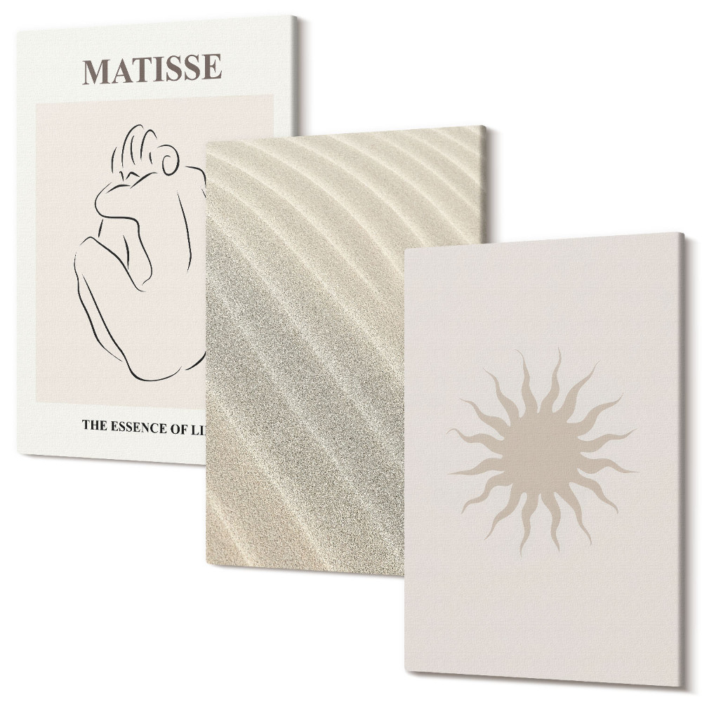 Sada obrazov triptych Minimalistické línie, piesok, vlny a slnko