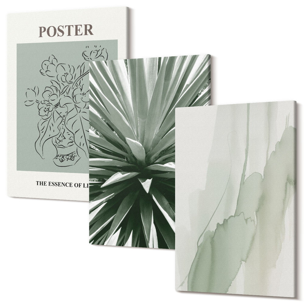 Sada obrazov na stenu triptych Rastlinné vzory v odtieňoch zelenej a béžovej