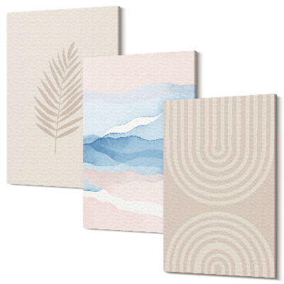 Sada 3 obrazov Listy a vlny v odtieňoch béžovej a modrej