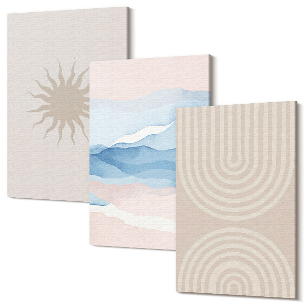 Sada obrazov triptych Slnko, vlny a abstraktné línie v pastelových farbách