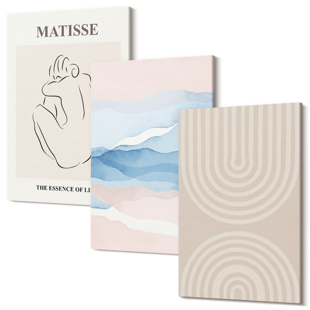 Sada obrazov na stenu triptych Línie a vlny v pastelových odtieňoch s minimalistickým akcentom