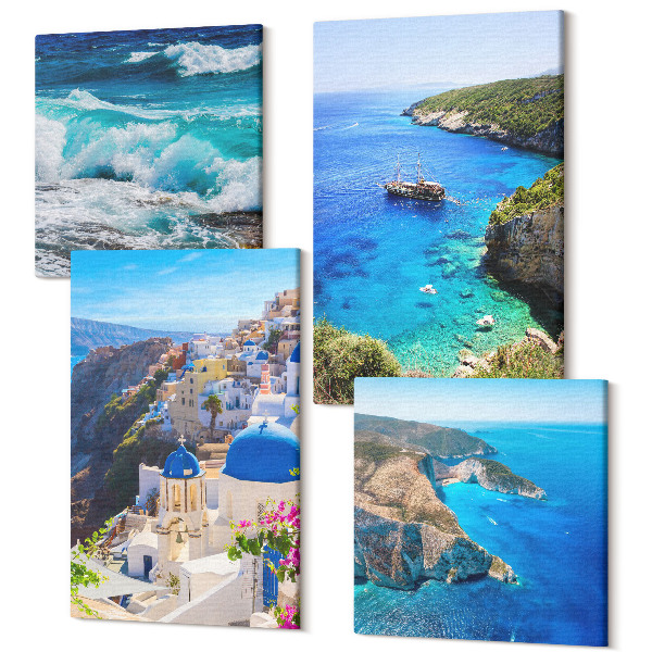 Sada 4 obrazov Výhľad na grécke pobrežie a mesto Oia na Santorini