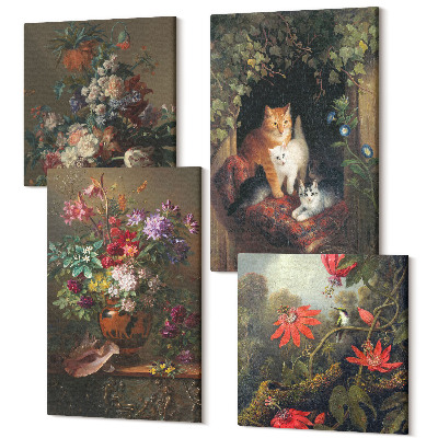 Sada obrazov kvadryptych Vintage kvety mačky a rastliny v prírode