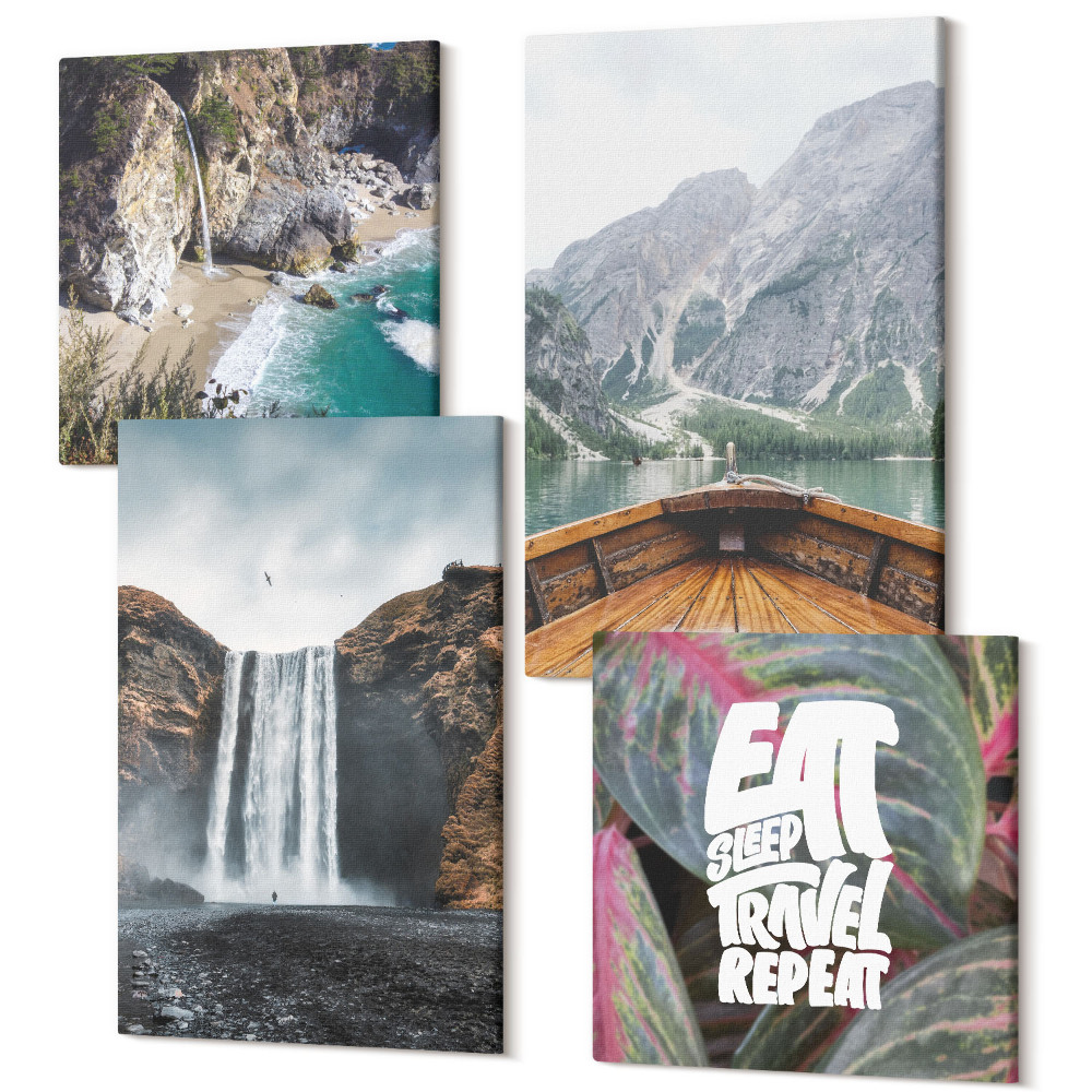 Sada obrazov na stenu kvadryptych Vodopád hory cestovať prírodnou loďou a vegetáciou