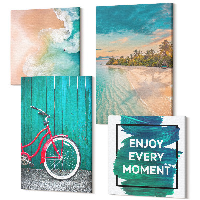 Sada obrazov na stenu kvadryptych Výhľad na more s inšpiratívnym nápisom na lodiskom bicykli