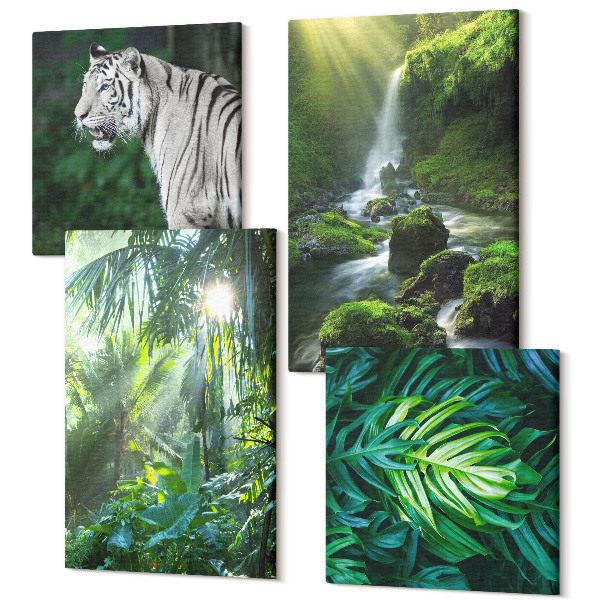 Sada obrazov kvadryptych Džungle s bielym tigrom a divokým vodopádom