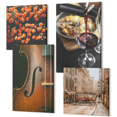 Sada obrazov na stenu kvadryptych Vintage romantické kvety pouličné víno a husle