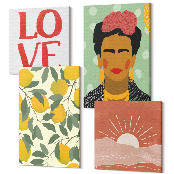 Sada 4 obrazov Citrónový nápis LOVE krajinný portrét Fridy Kahlo