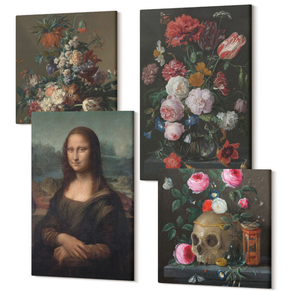 Sada obrazov kvadryptych Vintage Flowers Lebka a portrét Mony Lisy od Leonarda da Vinciho
