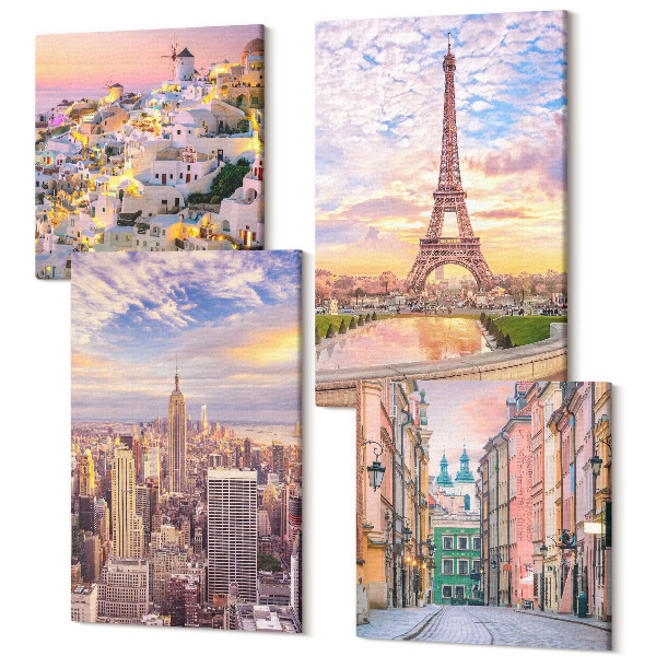 Sada obrazov na stenu kvadryptych New York Paríž Oia Varšava pri západe slnka