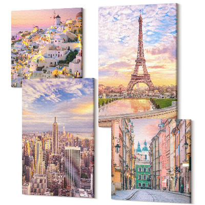 Sada obrazov na stenu kvadryptych New York Paríž Oia Varšava pri západe slnka