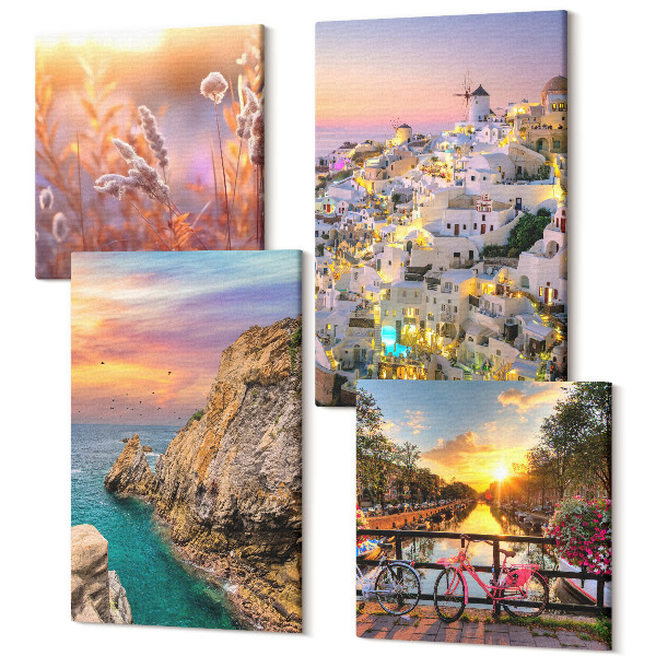 Sada 4 obrazov Výhľad na more so západom slnka a mesto