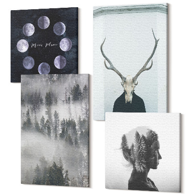 Sada obrazov kvadryptych Hmlisté lesné fázy mesiaca jeleňa lebka žena
