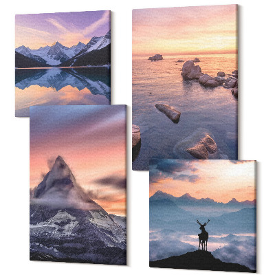Sada 4 obrazov Krajiny hory jazerá jeleň a západ slnka