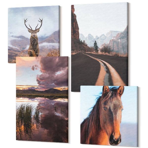 Sada obrazov kvadryptych Horská krajina so sobmi, koňmi a cestou