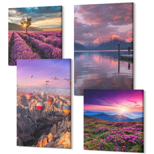 Sada 4 obrazov Krajina s levanduľovými poliami a západom slnka