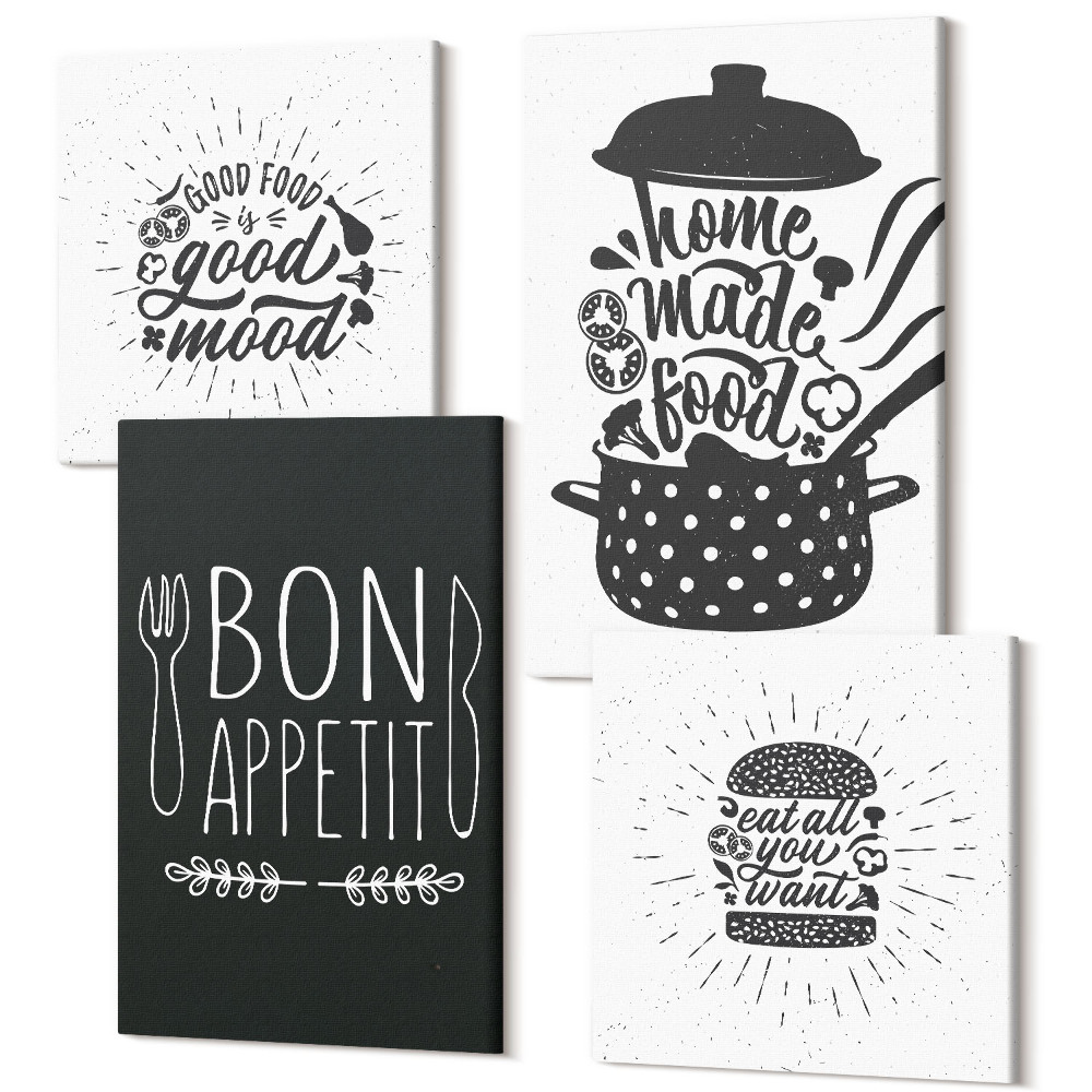 Sada obrazov na stenu kvadryptych Grafika s jedlom a kulinárskymi sloganmi