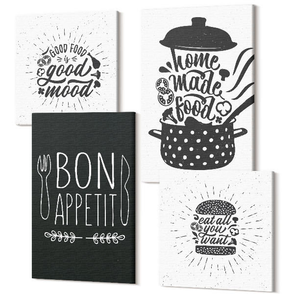 Sada obrazov na stenu kvadryptych Grafika s jedlom a kulinárskymi sloganmi