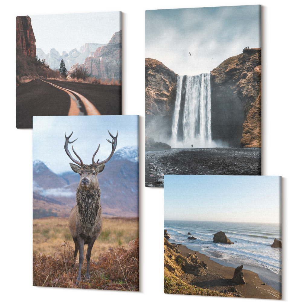 Sada 4 obrazov Horská krajina s vodopádom, jeleňom a plážou