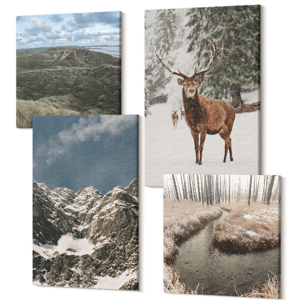 Sada obrazov kvadryptych Hory so snehom, jelene v lese, krajina