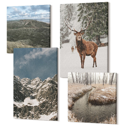 Sada obrazov kvadryptych Hory so snehom, jelene v lese, krajina