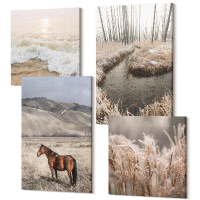 Sada obrazov na stenu kvadryptych Kone krajina morská tráva les a potok