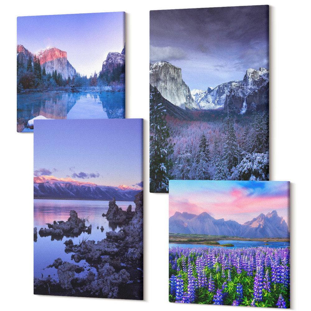 Sada 4 obrazov Horská krajina s vodou, oblohou a poľom kvetov