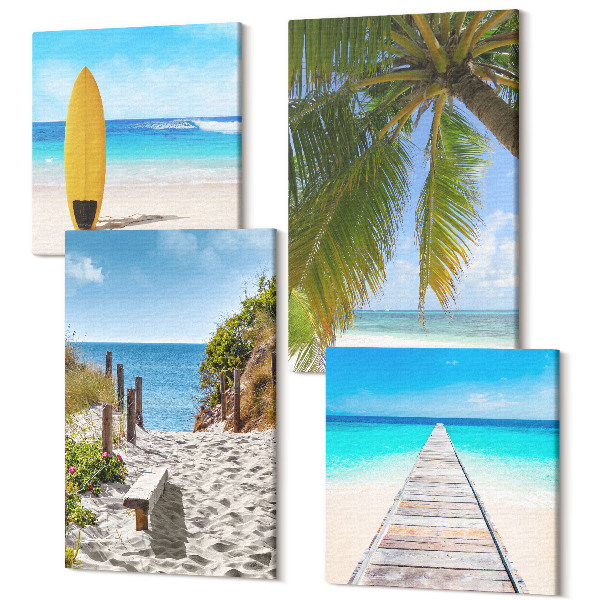 Sada obrazov kvadryptych Dovolenkový výhľad na pláž, vlny a palmy v trópoch