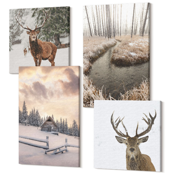Sada obrazov na stenu kvadryptych Zimná krajina s jeleňou búdou a potokom