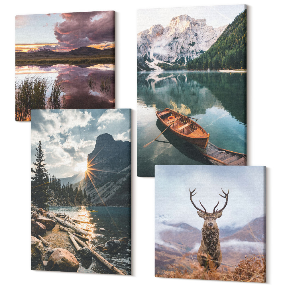 Sada 4 obrazov Horské jazero loď západ slnka jeleň v prírode