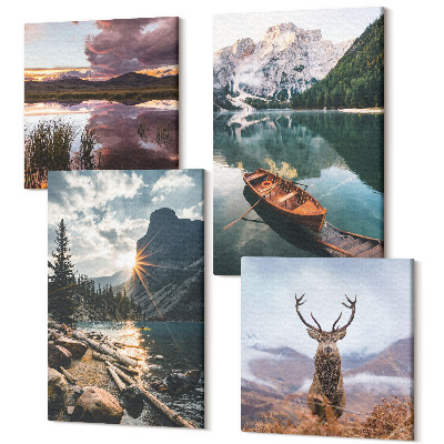 Sada 4 obrazov Horské jazero loď západ slnka jeleň v prírode
