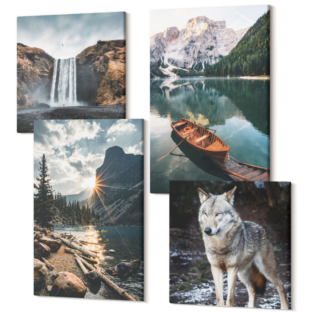 Sada obrazov kvadryptych Hory, jazerá, vodopády a vlci v prírodnom prostredí