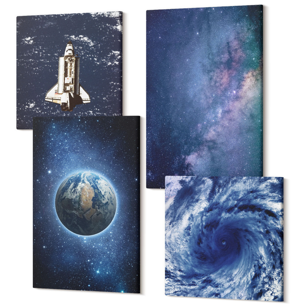 Sada obrazov na stenu kvadryptych Zem vo vesmíre, búrka a galaxia hviezd