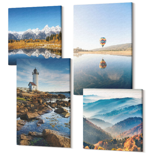 Sada obrazov na stenu kvadryptych Výhľady do prírody s majákom, horami, jazerom a balónom