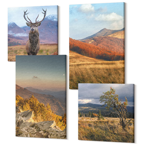 Sada obrazov na stenu kvadryptych Horská krajina príroda hory jeleň tráva paseky