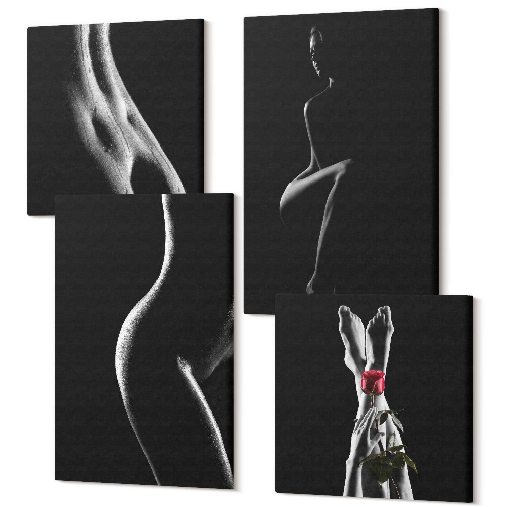 Sada 4 obrazov Čiernobiele erotické ženské siluety