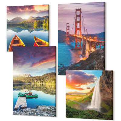 Sada obrazov kvadryptych Výhľad na hory s jazerami, člnmi, mostom, vodopádom