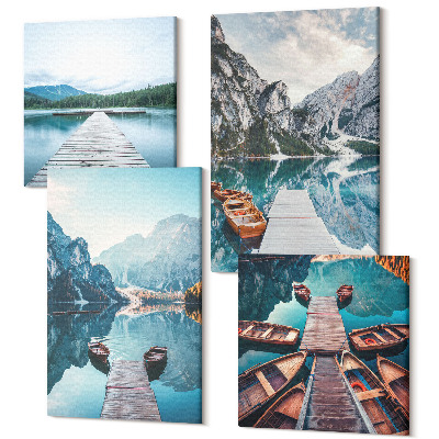 Sada obrazov na stenu kvadryptych Pokojné jazero s drevenými mólami a člnmi