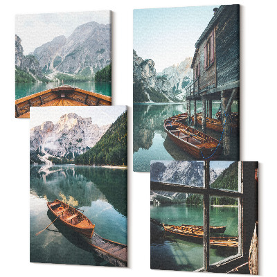 Sada 4 obrazov Pohľad na horské jazero s člnmi a domom pri vode