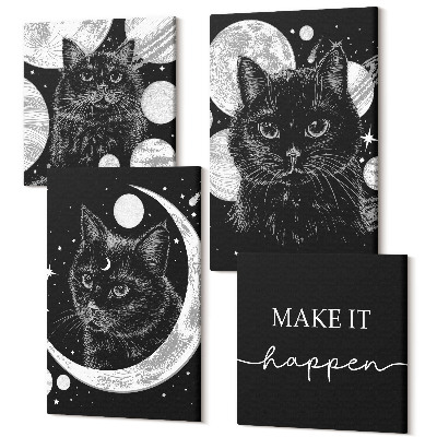 Sada 4 obrazov Čierne mačky na pozadí Mesiaca a planét vo vesmíre