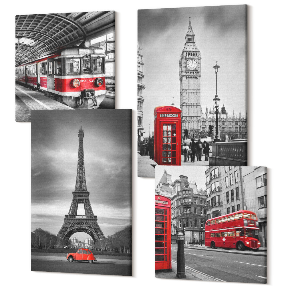 Sada obrazov kvadryptych Červené autobusy v mestskej krajine