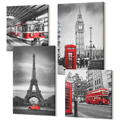 Sada obrazov kvadryptych Červené autobusy v mestskej krajine