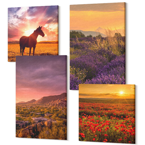 Sada 4 obrazov Horská krajina s koňmi a levanduľovými poliami