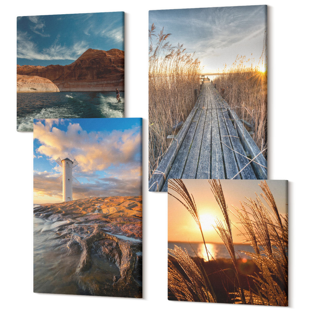 Sada obrazov kvadryptych Pohľad na maják pri mori, trávu a drevené mólo