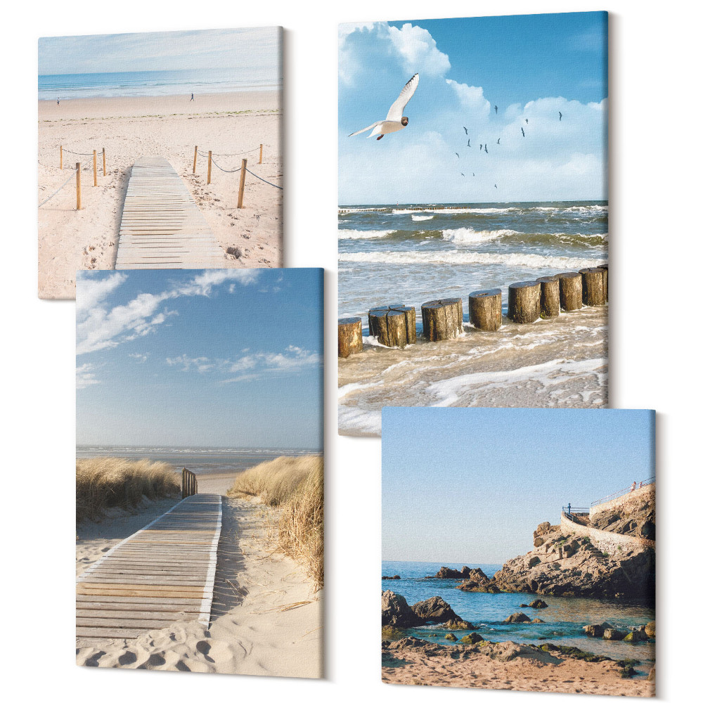 Sada obrazov na stenu kvadryptych Pláž s pieskom, vlnami, oblohou a letiacimi vtákmi