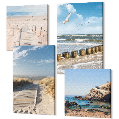 Sada obrazov na stenu kvadryptych Pláž s pieskom, vlnami, oblohou a letiacimi vtákmi