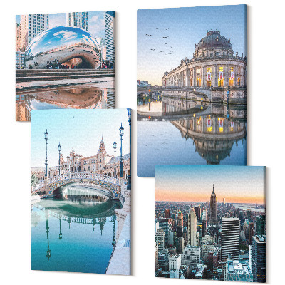 Sada obrazov kvadryptych Mestská architektúra odrážajúca sa vo vode