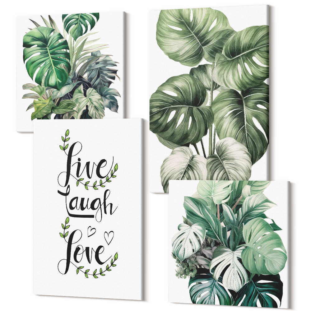 Sada 4 obrazov Listnaté rastliny so slovami žiť, smiať sa, milovať