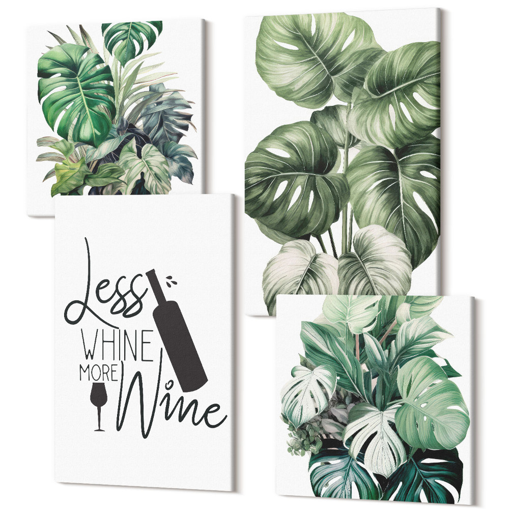 Sada obrazov kvadryptych Listy rastlín v odtieňoch zelenej s nápisom o víne