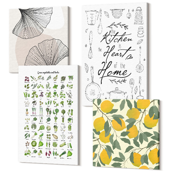 Sada obrazov na stenu kvadryptych Zoznam byliniek, kuchynský nápis a maľované citróny